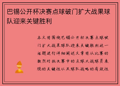 巴锡公开杯决赛点球破门扩大战果球队迎来关键胜利
