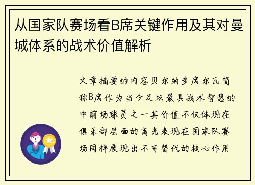 从国家队赛场看B席关键作用及其对曼城体系的战术价值解析 从国家队赛场看B席关键作用及其对曼城体系的战术价值解析
